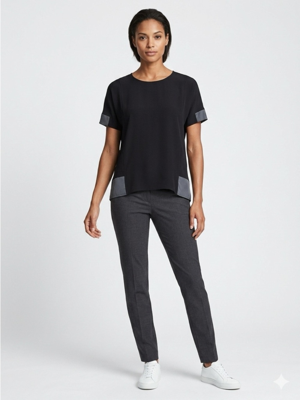 rag & bone Black Short-Sleeve Top with Lamb Leather Accent Panels